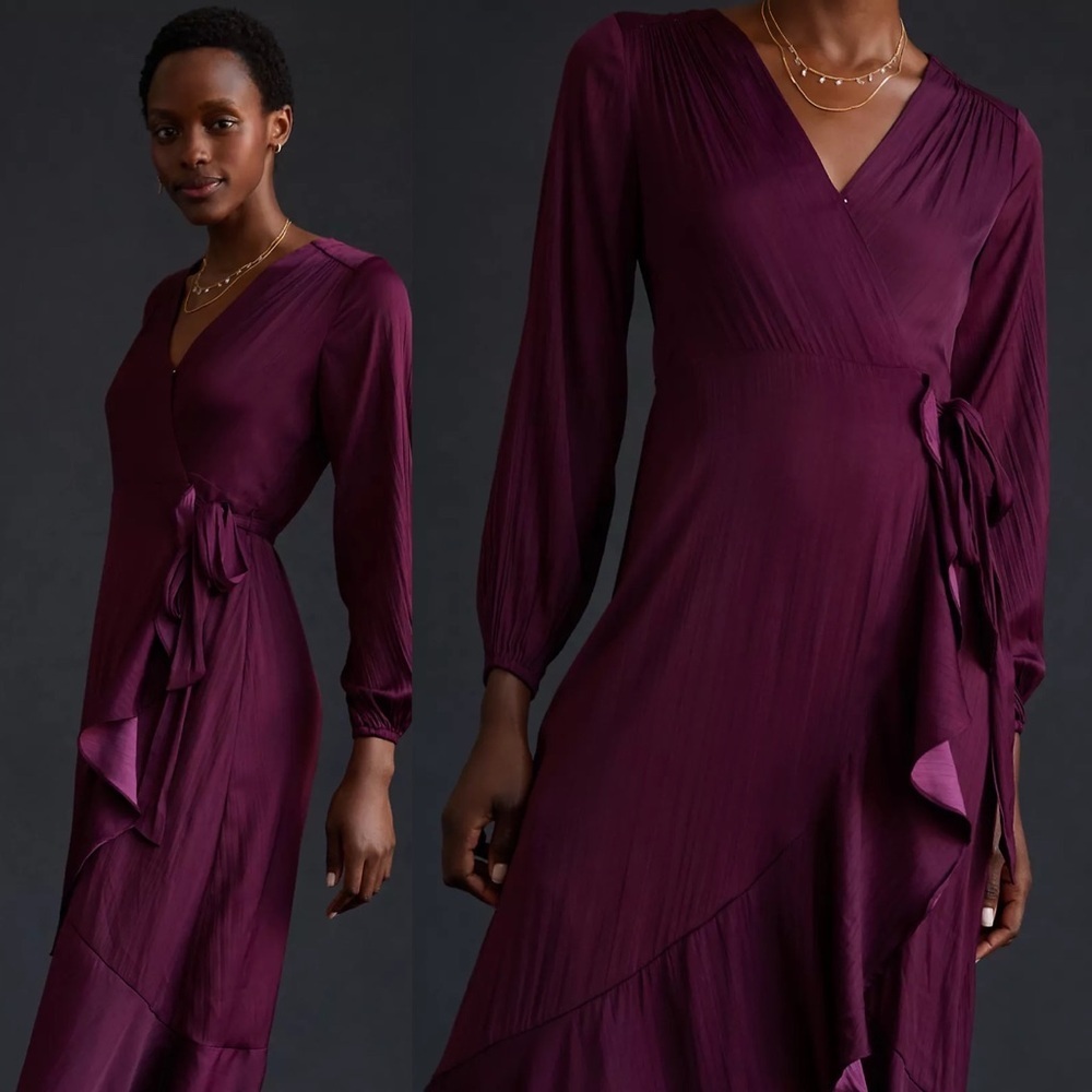 Anthropologie Maeve V-Neck Wrap‎ Raspberry Ruffle Maxi Dress - Picture 2 of 13
